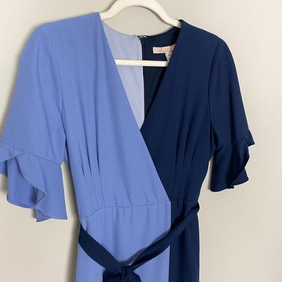 Hutch Colorblock Faux Wrap Midi Dress Womens Medium Short Sleeves Ruffle Belted - Picture 2 of 7